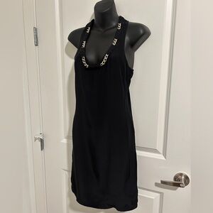 AKA New York Black Sleeveless tank Silk dress, Sz XS, gold chain neckline LBD